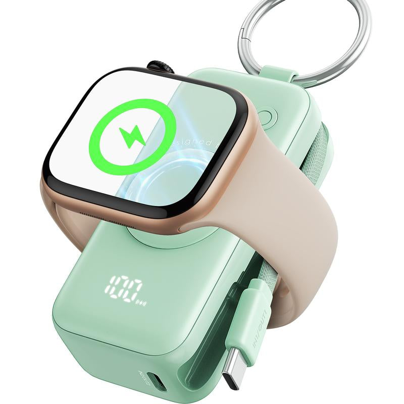 INIU Snapgo Mini 5000Mah Portable Charger with Built-In Cables Keychain 20W PD Fast Charging Lightweight LED Display Power Bank for Apple Watch Ultra SE 2/3 Series Iphone Air 8 ~ 17 Airpods Series Travel Battery Pack USB Type-C Phone Charger Perfect Gift