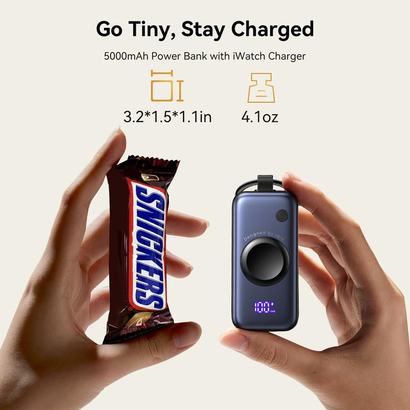 INIU Snapgo Mini 5000Mah Portable Charger with Built-In Cables Keychain 20W PD Fast Charging Lightweight LED Display Power Bank for Apple Watch Ultra SE 2/3 Series Iphone Air 8 ~ 17 Airpods Series Travel Battery Pack USB Type-C Phone Charger Perfect Gift