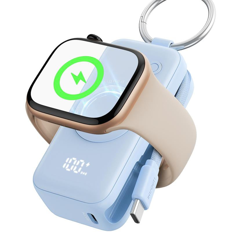 INIU Snapgo Mini 5000Mah Portable Charger with Built-In Cables Keychain 20W PD Fast Charging Lightweight LED Display Power Bank for Apple Watch Ultra SE 2/3 Series Iphone Air 8 ~ 17 Airpods Series Travel Battery Pack USB Type-C Phone Charger Perfect Gift