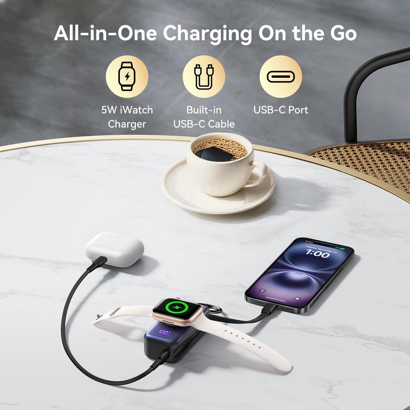 INIU Snapgo Mini 5000Mah Portable Charger with Built-In Cables Keychain 20W PD Fast Charging Lightweight LED Display Power Bank for Apple Watch Ultra SE 2/3 Series Iphone Air 8 ~ 17 Airpods Series Travel Battery Pack USB Type-C Phone Charger Perfect Gift