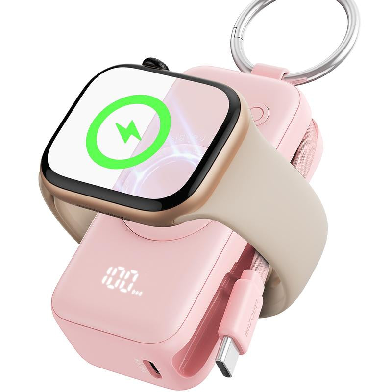 INIU Snapgo Mini 5000Mah Portable Charger with Built-In Cables Keychain 20W PD Fast Charging Lightweight LED Display Power Bank for Apple Watch Ultra SE 2/3 Series Iphone Air 8 ~ 17 Airpods Series Travel Battery Pack USB Type-C Phone Charger Perfect Gift