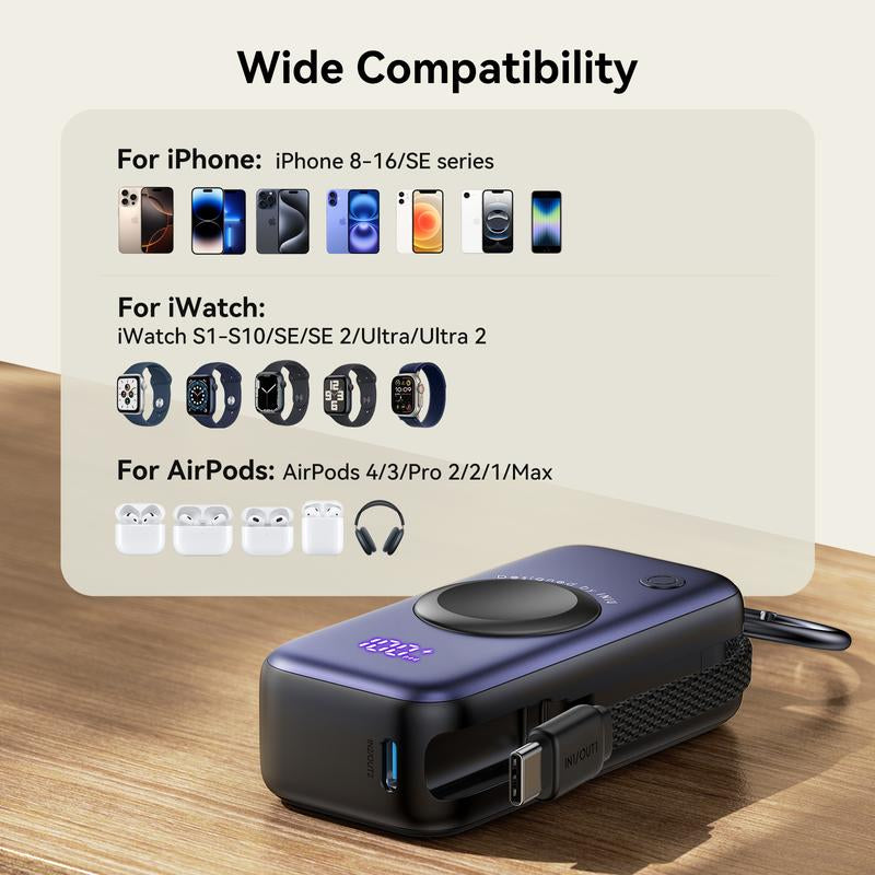 INIU Snapgo Mini 5000Mah Portable Charger with Built-In Cables Keychain 20W PD Fast Charging Lightweight LED Display Power Bank for Apple Watch Ultra SE 2/3 Series Iphone Air 8 ~ 17 Airpods Series Travel Battery Pack USB Type-C Phone Charger Perfect Gift