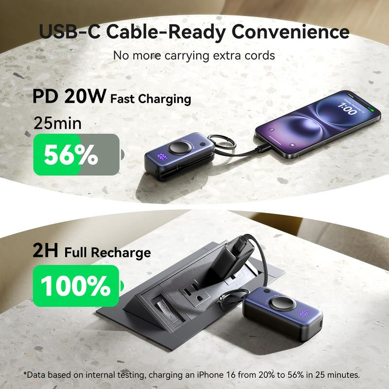 INIU Snapgo Mini 5000Mah Portable Charger with Built-In Cables Keychain 20W PD Fast Charging Lightweight LED Display Power Bank for Apple Watch Ultra SE 2/3 Series Iphone Air 8 ~ 17 Airpods Series Travel Battery Pack USB Type-C Phone Charger Perfect Gift