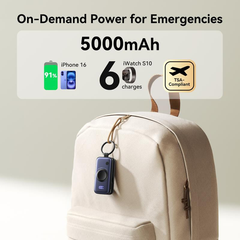INIU Snapgo Mini 5000Mah Portable Charger with Built-In Cables Keychain 20W PD Fast Charging Lightweight LED Display Power Bank for Apple Watch Ultra SE 2/3 Series Iphone Air 8 ~ 17 Airpods Series Travel Battery Pack USB Type-C Phone Charger Perfect Gift