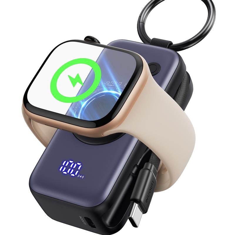 INIU Snapgo Mini 5000Mah Portable Charger with Built-In Cables Keychain 20W PD Fast Charging Lightweight LED Display Power Bank for Apple Watch Ultra SE 2/3 Series Iphone Air 8 ~ 17 Airpods Series Travel Battery Pack USB Type-C Phone Charger Perfect Gift