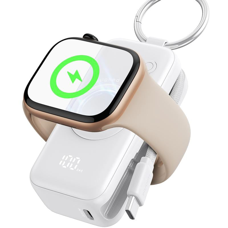 INIU Snapgo Mini 5000Mah Portable Charger with Built-In Cables Keychain 20W PD Fast Charging Lightweight LED Display Power Bank for Apple Watch Ultra SE 2/3 Series Iphone Air 8 ~ 17 Airpods Series Travel Battery Pack USB Type-C Phone Charger Perfect Gift